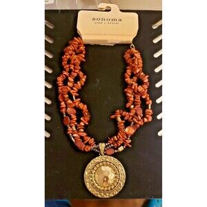 NWT Sonoma Multi-strand Medallion Necklace - Brown Sparkling Stones 16" approx